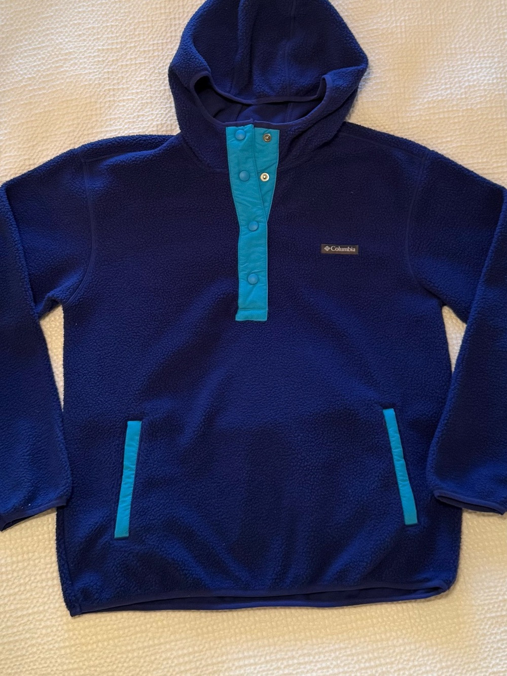 Columbia Navy Fleece Hoodie with Teal Snap Placket | Size M